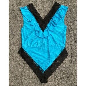 Vintage Lady Cameo Ruffle Teddy MEDIUM Teal Blue Black Lace Lingerie Sexy Fairy